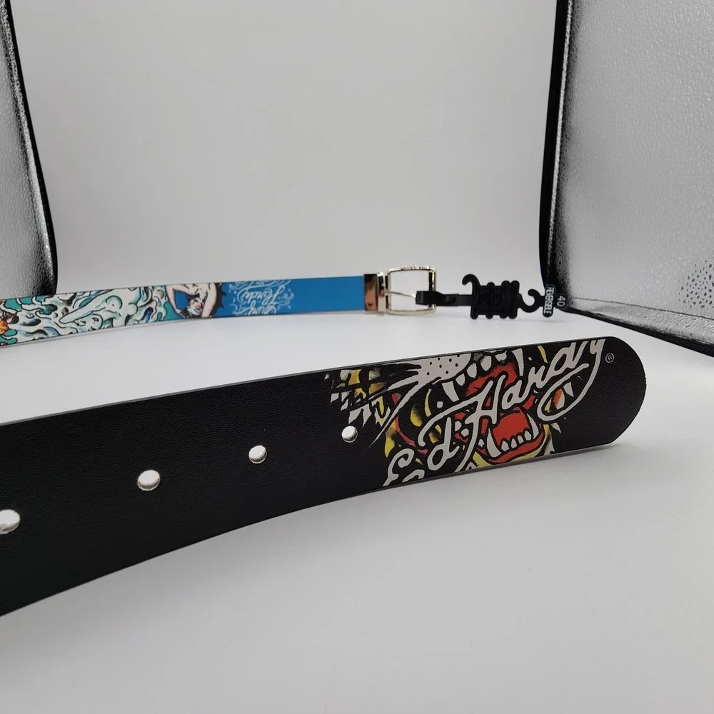 Ed Hardy‎ Surf Crazy Reversible Belt Mens Size 40 Graphic Print Metal Buckle NEW